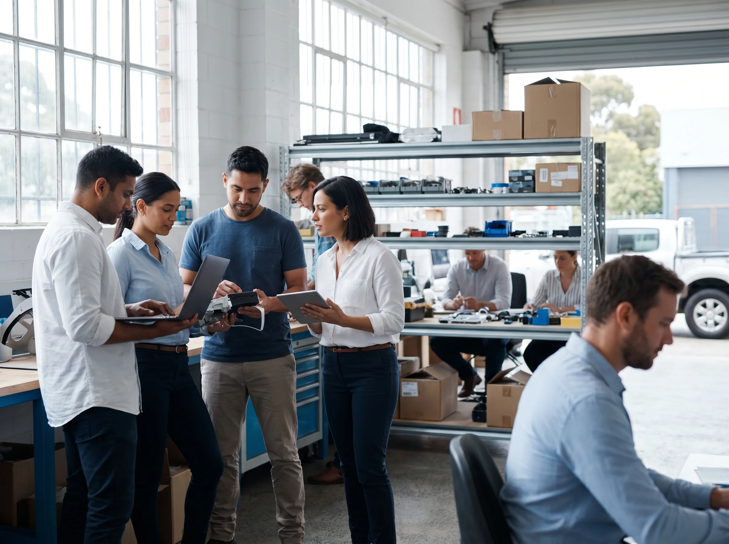 Small business team collaborating on software, operations, and prototyping