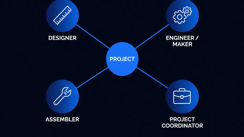 Diagram of designer, engineer, assembler, and coordinator roles connected to a project hub