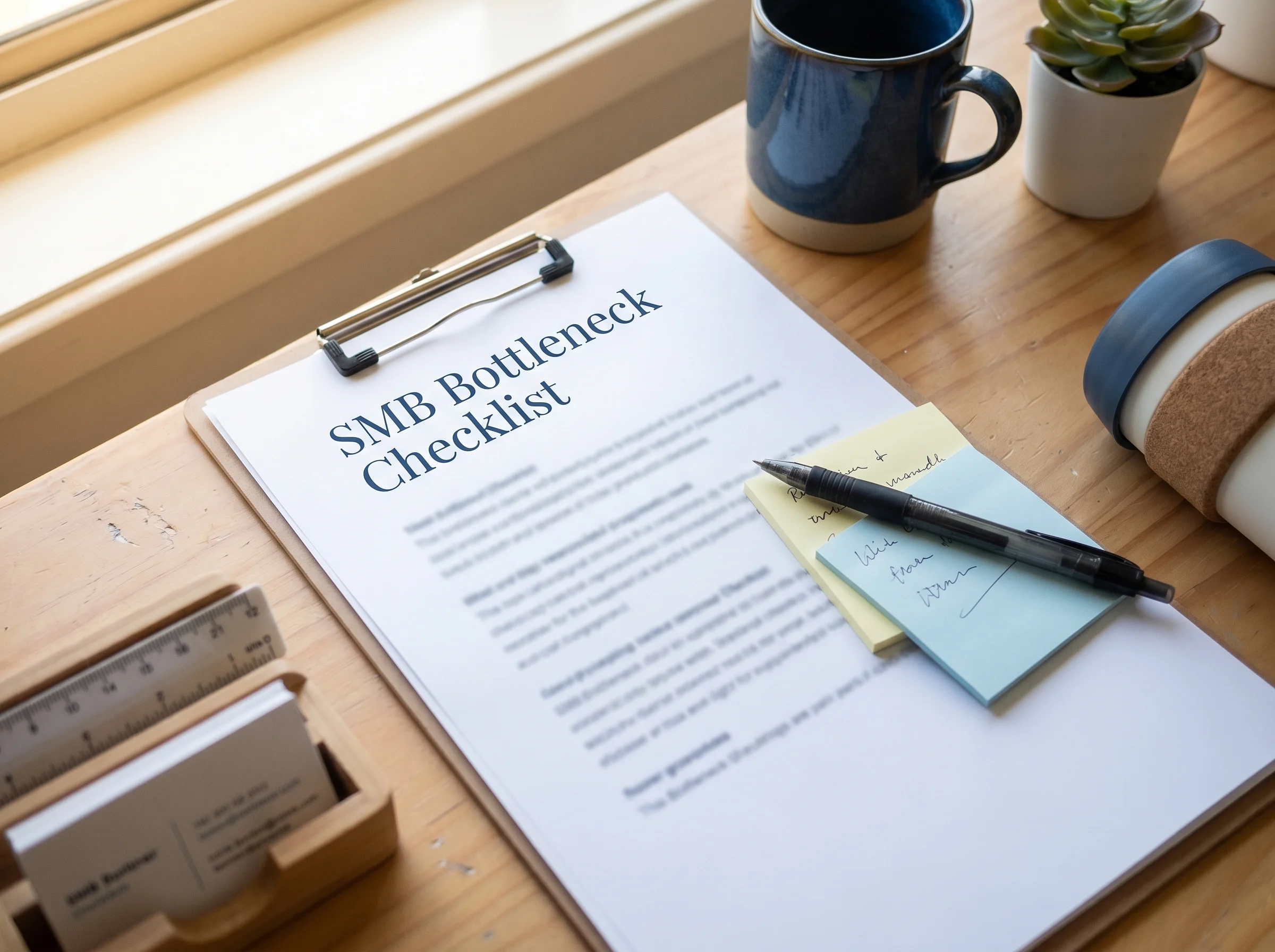 Printed business readiness checklist worksheet on a desk with pen and sticky notes
