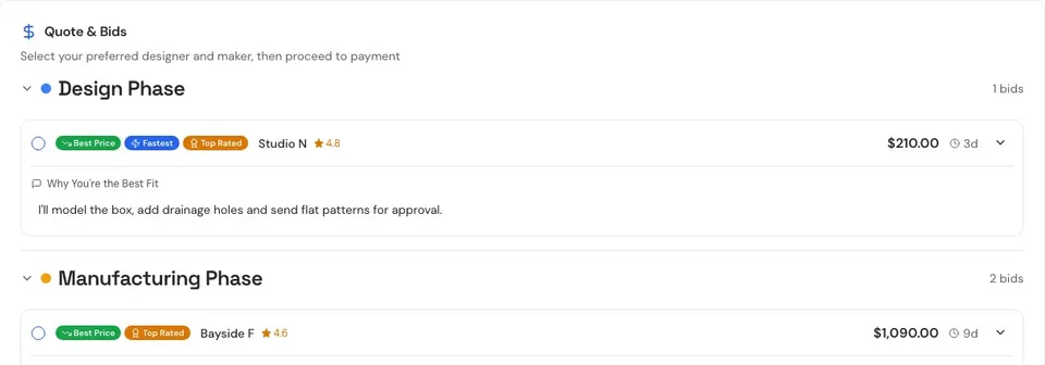 A customer's project page in the Ideas Network platform, showing the quote with design and manufacturing bids (sample data)