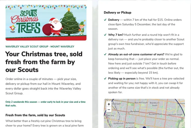The public Christmas tree order page for Waverley Valley Scout Group